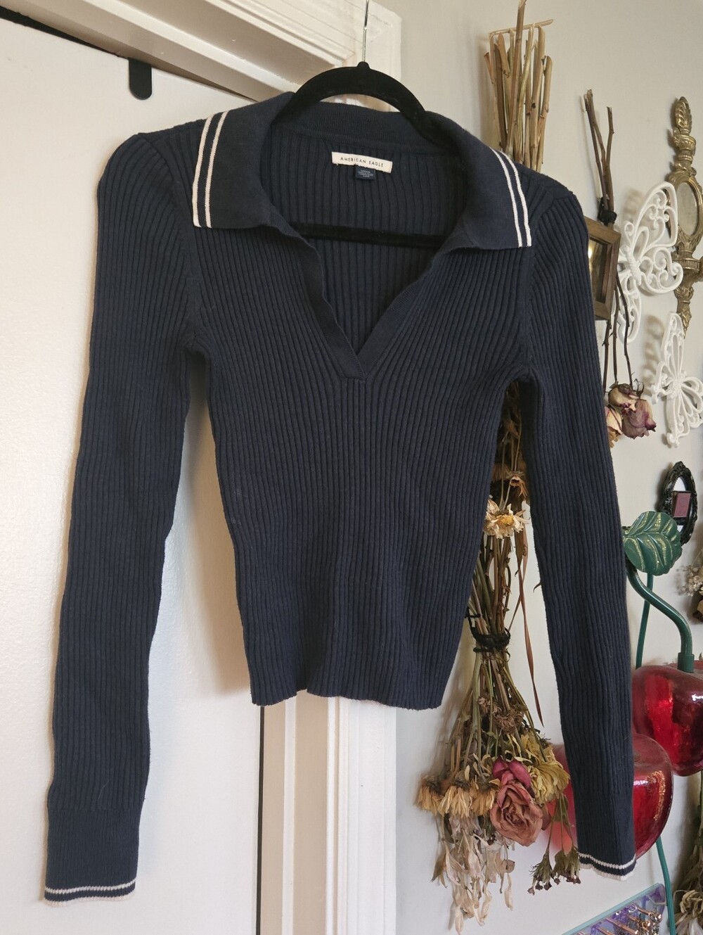 American Eagle Navy Blue Preppy Collar Striped Long Sleeve Sweater Top Sm